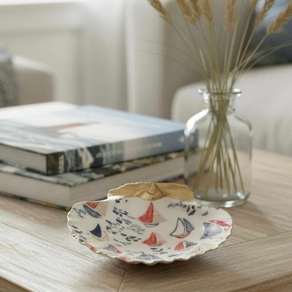 Sailboat Shell Trinket Dish, Nautical Ring Holder, Beach Decor